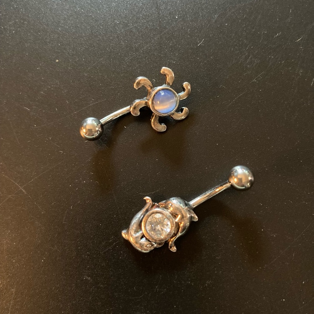 Navel curved barbell Body jewelry 925 silver & stainless steel Flower or Dolphin